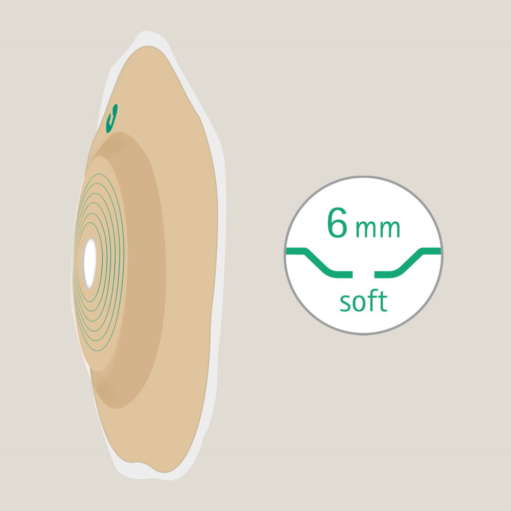 Đế dán hậu môn nhân tạo dạng lồi mềm Flexima® Active O’ convex, với độ sâu lồi 6 mm.
