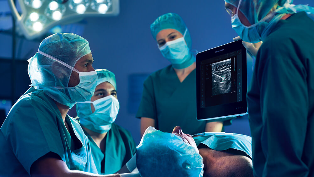 Nhân viên y tế quan sát một khối plexus dưới xương chày được hướng dẫn bằng siêu âm trên màn hình trong phòng phẫu thuật
